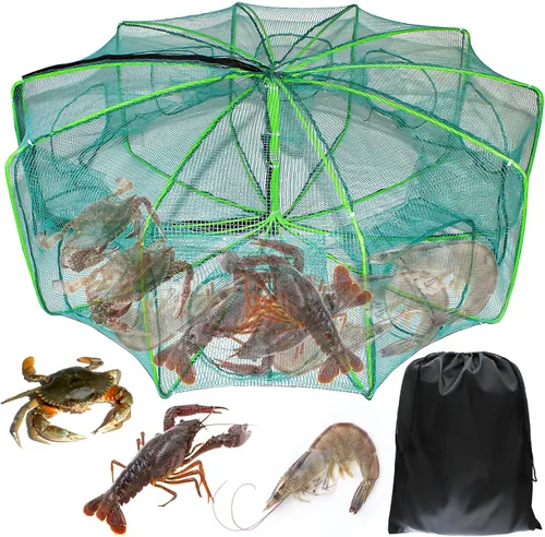 Trampa de cebo de pesca de 10 lados, 10 agujeros, 32 x 10 pulgadas, redes de pesca plegables portátiles para cangrejos Minnow Crab Shrimp Crawdad,