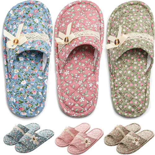 Miniatura 12 de 3 pares de zapatillas de casa florales de algodón para mujeres, zapatillas interiores de punta abierta cómodas lavables portátiles plegables