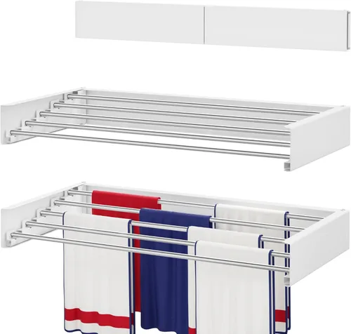 Miniatura 8 de Estante de secado montado en la pared de 31.5", estante de secado de ropa plegable con varillas de acero inoxidable, estante de secado retráctil