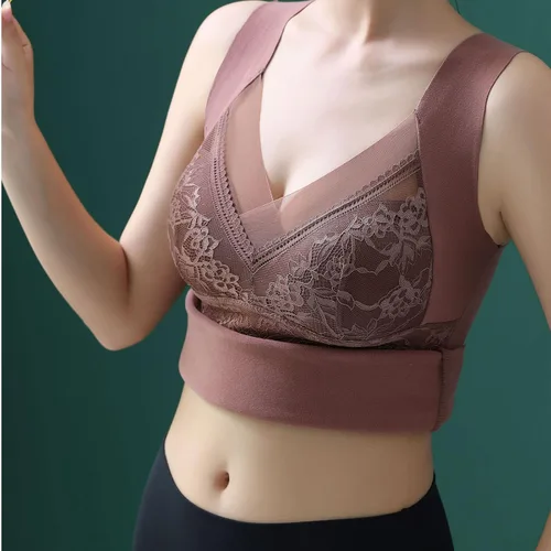 Miniatura 4 de Ropa interior térmica con forro polar para mujer, cuello en V, encaje, camiseta de compresión, chaleco cálido para invierno, capa base