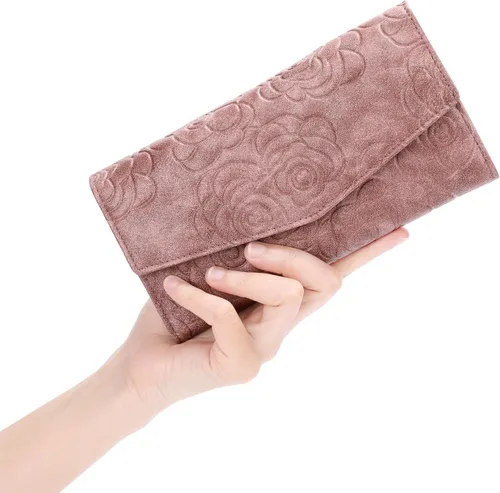 Miniatura 2 de GOIACII Cartera de mujer con bloqueo RFID para tarjetas de crédito, monedero con cremallera y bolsillo para monedas, flor en relieve, color rosa