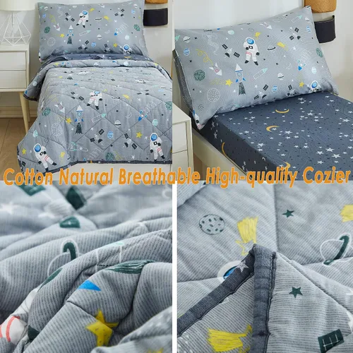 Miniatura 2 de Brandream Juego de ropa de cama de 4 piezas para niños y niñas con cohete espacial y galaxia, incluye edredón, sábana encimera, sábanas bajeras