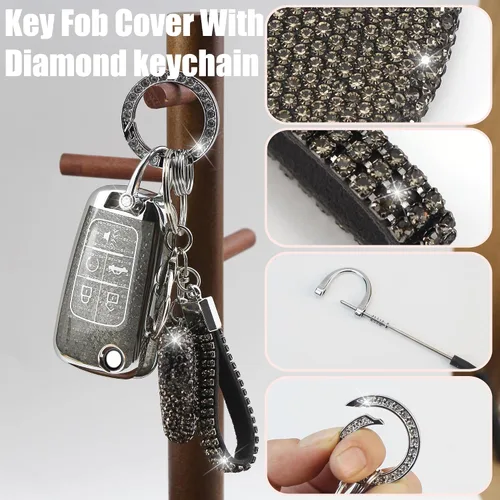 Miniatura 3 de Funda para llavero con llavero de diamante para mujer, portallaves de automóvil compatible con Chevy Cruze Camaro Malibu Equinox Impala GMC Buick