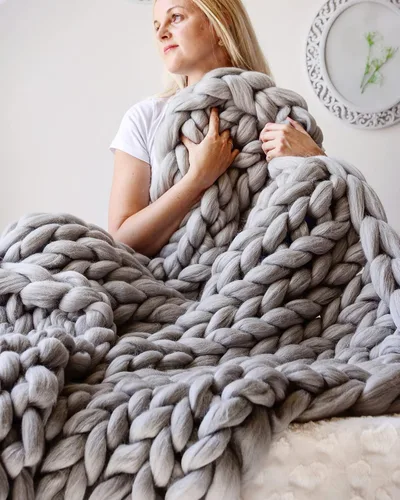 Miniatura 14 de Manta de punto grueso de 50 x 60 pulgadas, manta gigante tejida a mano con hilo 100% de lana merina, hecha a mano para cama, sofá, manta bohemia