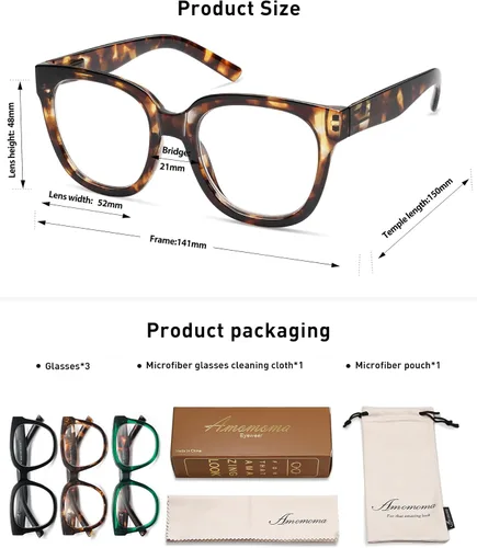 Miniatura 6 de AMOMOMA Paquete de 3 lentes de lectura cuadrados de gran tamaño para mujer, elegante, retro, bonita, para computadora con luz azul, para mujeres