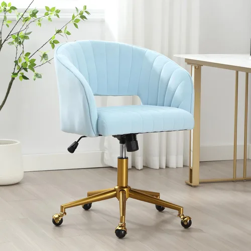 Miniatura 13 de ABET Silla de escritorio con ruedas, silla de terciopelo para oficina en casa, sillón giratorio con base dorada, sillas decorativas modernas Crema