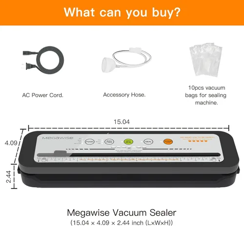 Miniatura 7 de MegaWise Máquina selladora al vacío, sellador de alimentos de 80 kPa con vacío y sellado de un solo toque, cortador y bolsas integrados, 4 modos