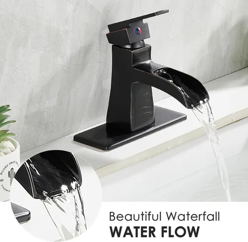 Miniatura 3 de Grifo de Baño de Cascada de Bronce Frotado con Aceite, Grifo de Lavabo de Baño Centerset de Una Sola Manija Sanliv con Desagüe Pop-Up y Placa