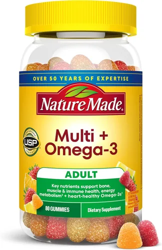Nature Made Multivitamínico + Omega-3, gomitas multivitamínicas para mujeres y hombres, apoyo nutricional diario, 80 vitaminas y minerales en