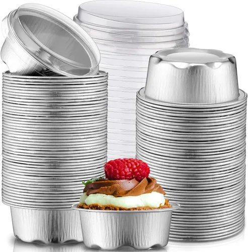 Eaasty 150 tazas para hornear con tapas, forros para magdalenas de 1.6 onzas, papel de aluminio, mini moldes para tartas, pequeños recipientes