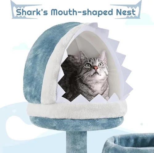 Miniatura 4 de Yaheetech Árbol para gatos con temática oceánica de 61 pulgadas de alto, torre para gatos de varios niveles con nido en forma de boca de tiburón