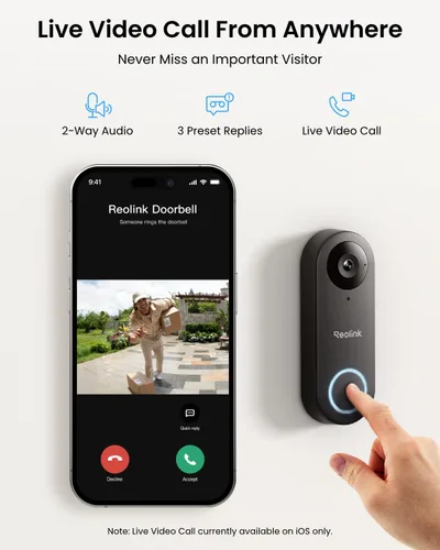 Miniatura 3 de REOLINK Timbre de video con cámara WiFi, con cable 2K al aire libre, WiFi 5G y 2.4G, ángulo de visión amplio 4:3, detección inteligente, Negro