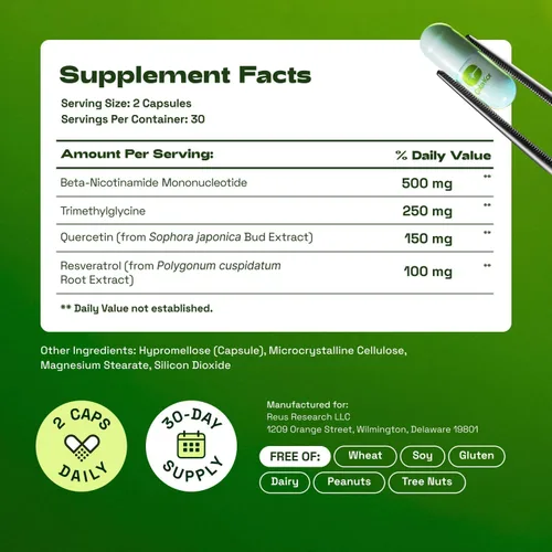 Miniatura 6 de Suplemento Cata-Kor NMN 1000mg – Suplemento NAD 4-en-1 con Quercetina TMG Resveratrol – Alternativa NMNH – Respalda la Energía Celular