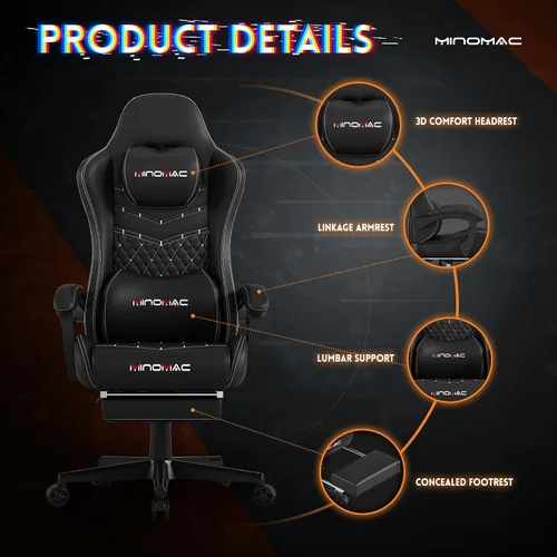 Miniatura 4 de Silla Gaming, Silla Gaming Ergonómica para Computadora, Capacidad de Carga de 400lb, Reposapiés Retráctil/Soporte Lumbar/Respaldo Ergonómico[Resorte