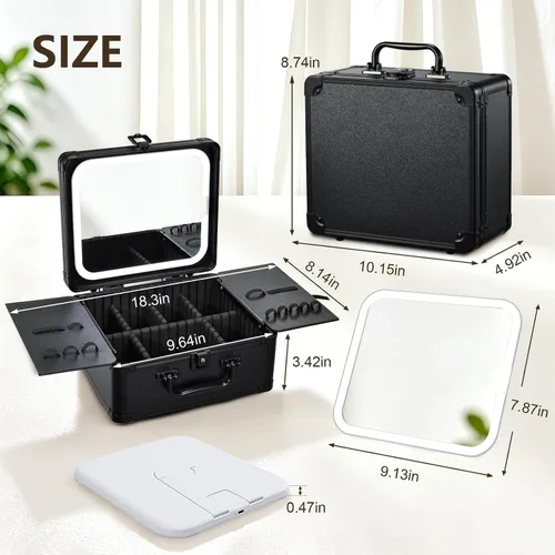 Miniatura 7 de Faquenc Estuche de maquillaje con espejo iluminado magnético, caja organizadora de maquillaje, estuche de cosméticos de viaje con espejo LED de 3