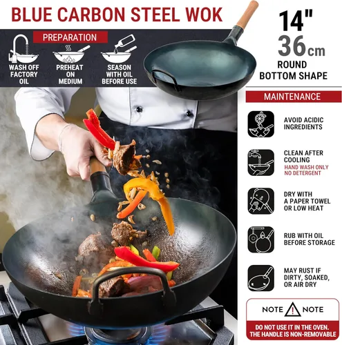 Miniatura 3 de YOSUKATA - Wok/sartén de acero al carbón azul de 13.5 pulgadas de fondo plano, para cocinas de inducción eléctrica y salteado de comida