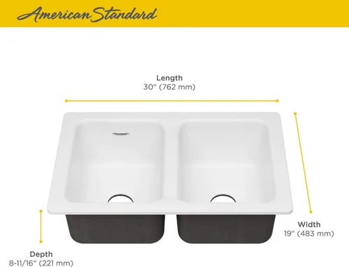 Miniatura 3 de American Standard 77DB30190.308 Delancey - Fregadero de cocina de hierro fundido de doble tazón 30x19, color blanco brillante
