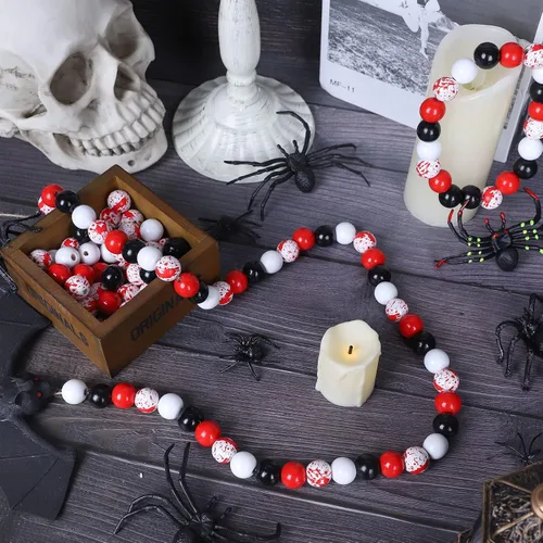 Miniatura 4 de Whaline Juego de 150 cuentas de madera de Halloween, cuentas focales de madera rojas, negras y blancas, cuentas de madera con salpicaduras