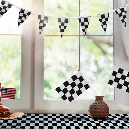 Miniatura 5 de Boao 13 piezas de decoraciones de fiesta a cuadros, 10 paquetes de banderas de carreras a cuadros en blanco y negro de 32 pies, 2 paquetes de fundas