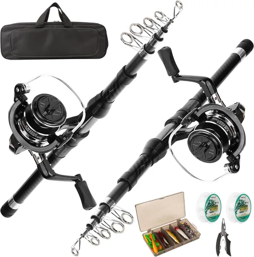 Combo de carrete de caña de pescar, 2 cañas de pesca telescópicas de 6.89 pies, 2 carretes giratorios, juego de alicates de pesca con bolsa de Negro