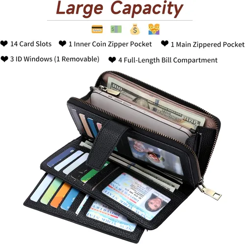 Miniatura 2 de GOIACII Cartera para mujer de gran capacidad con bloqueo RFID para mujer, tarjetero de embrague para teléfono, cartera larga de viaje, A03 negro