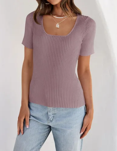 Miniatura 3 de ZESICA Women's 2024 Short Sleeve Square Neck T Shirts Slim Fitted Summer Ribbed Knit Basic Casual Tee Tops