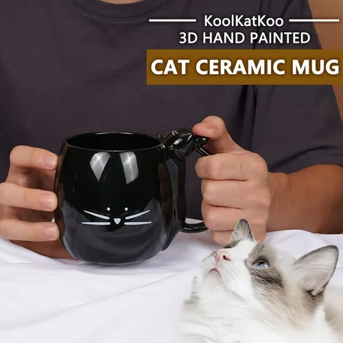 Miniatura 5 de Koolkatkoo Taza de café con diseño de gato, regalo para amantes de los gatos, tazas de té de cerámica, color negro, 16 onzas Gato plano negro