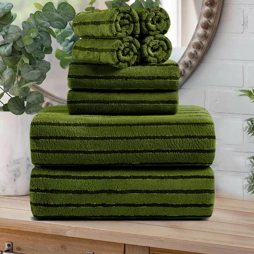 Juego de 8 toallas de baño grandes a rayas estilo cabana color verde militar - Sábana de baño extragrande - 2 toallas de baño, 2 toallas de mano, 4