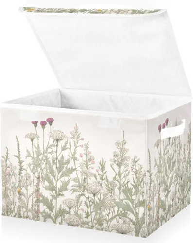 Kigai Cesta de almacenamiento plegable de flores silvestres con tapas y asas, contenedores de almacenamiento para estantes, armario, dormitorio,