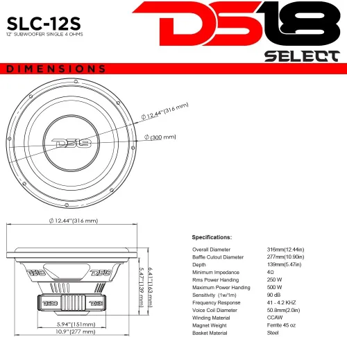 Miniatura 3 de DS18 SLC12S - Altavoz de audio para subwoofer para automóvil, cono de fibra de vidrio de 12 pulgadas, canasta de acero negro, bobina de voz única