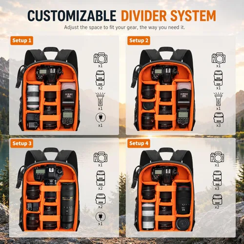 Miniatura 5 de Mochila para cámara DSLR/SLR/sin espejo, funda impermeable profesional para cámara de 11 x 5.9 x 15 pulgadas para fotógrafos, gris, negro, naranja