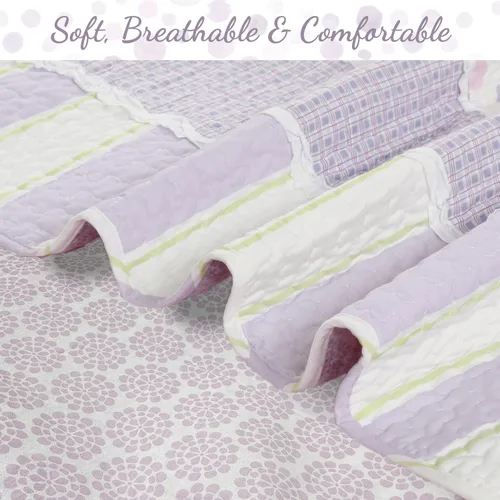 Miniatura 5 de Cozy Line - Juego de edredón de rayas verdes lavanda y puntos morados, 2 piezas, 100% algodón, reversible, para todas las estaciones, con fundas