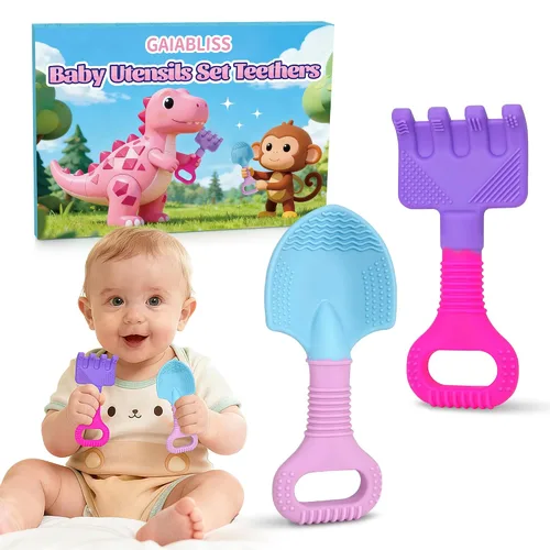 Miniatura 10 de Juguetes de dentición para bebés, juguetes mordedores de jardín para bebés, palas y rastrillos, mordedores de silicona para bebés de 0 a 6 a 12