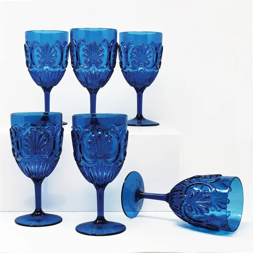 Le Cadeaux Fleur - Juego de 6 copas de vino de policarbonato resistente a los golpes para interiores y exteriores, color azul