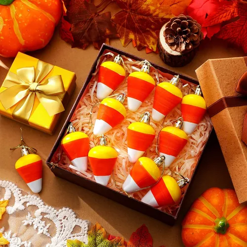 Miniatura 5 de Zeyune 12 adornos de maíz de caramelo de Acción de Gracias, cosecha 3D, pequeños adornos colgantes de maíz con cuerdas, colgante de Acción