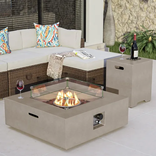 Miniatura 21 de COSIEST mesa de fogata a propano para exteriores de 35 pulgadas cuadrada de arenisca con protector contra el viento y mesa lateral, certificada