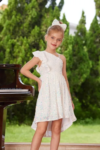 Miniatura 8 de GRACE KARIN Vestido de lentejuelas de un hombro para niñas, vestido de fiesta alto y bajo para 5-14 años