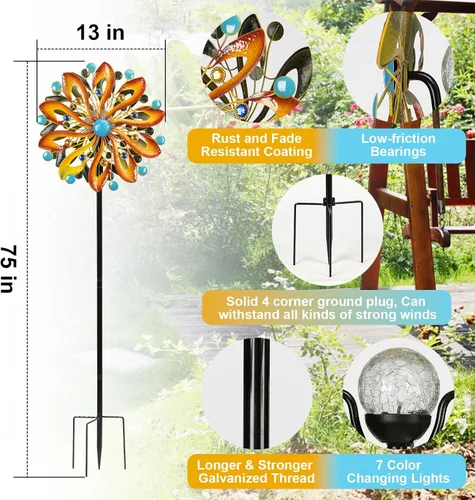 Miniatura 3 de MLKNK Molinillos de viento para patio y jardín, esculturas de viento y molinillos de 75 pulgadas, arte cinético de jardín con luz de bola de vidrio