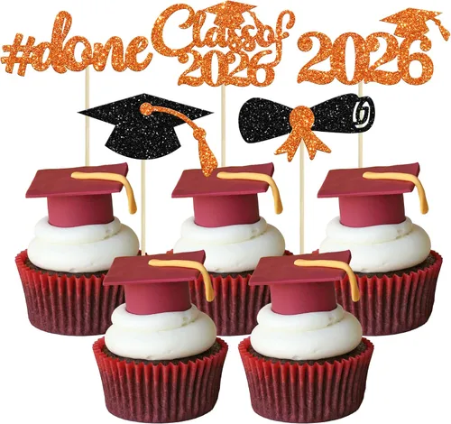 Miniatura 30 de Gyufise 24 piezas Adornos para pastel de graduación 2026 con purpurina negra, clase de 2026, adornos para magdalenas con gorra de graduación