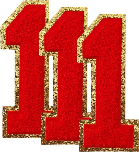 Miniatura 165 de 3 parches de números de chenilla negra, tamaño grande de 4-1/2" parches de números para planchar, parches universitarios para ropa, 8" Borde oro rosa