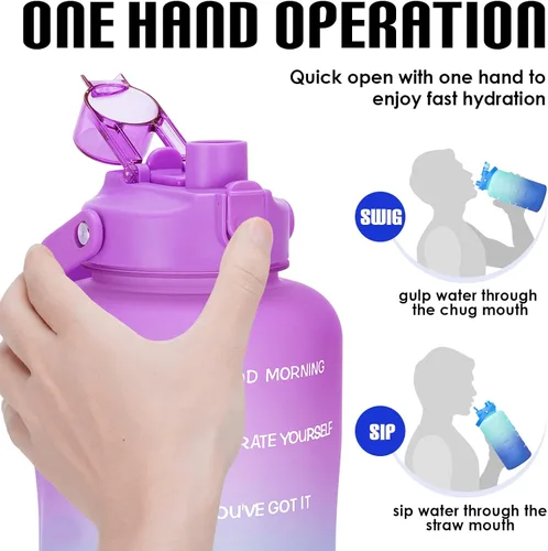 Miniatura 4 de Botella de agua de un galón con popote, 128 onzas (3.8 L), libre de BPA - Innovadora botella deportiva con tapa 2 en 1 con recordatorios Jacaranda