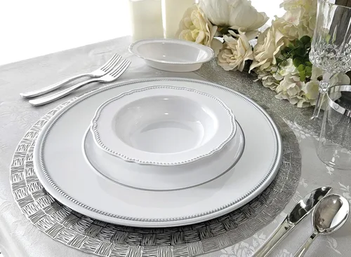 Miniatura 4 de OccasionS - 10 cargadores redondos de plástico acrílico de 13 pulgadas, para decoración de cenas, platos de carga (corona, blanco y plateado)