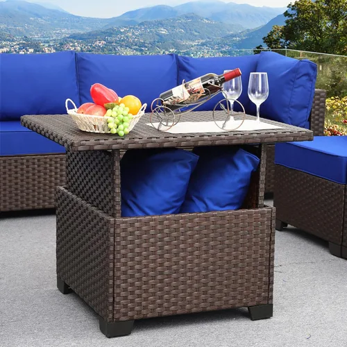 Mesa para exteriores con almacenamiento, mesa de centro convertible de mimbre para todo tipo de clima, color marrón