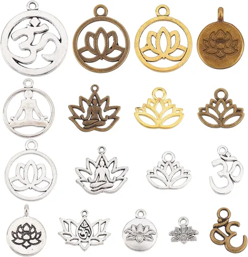 SUNNYCLUE 1 caja 68 dijes de loto para yoga, flor de loto, dije hueco OM Yoga Chakra Energía Dijes planos redondos para hacer joyas, collares,