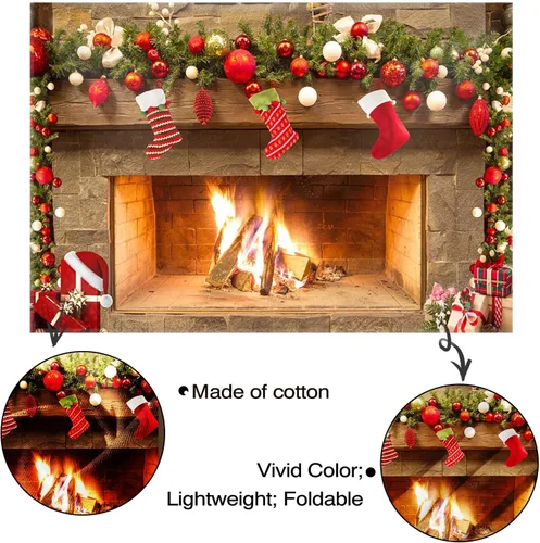 Miniatura 6 de Mocsicka Telón de fondo temático de chimenea navideña para fotografía, árbol de Navidad, calcetín, regalo, decoraciones para fiestas familiares