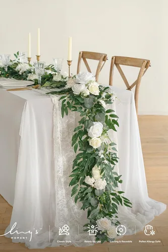 Miniatura 2 de Ling's Moment Guirnalda de Flores - Eucalipto y Rosa de 6 Pies - Decoración de Mesa de Novios para Recepción de Boda, Guirnalda Floral Artificial