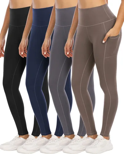 YOUNGCHARM - Paquete de 4leggings con bolsillos para mujer, con cintura alta y control de abdomen, pantalones deportivos de yoga