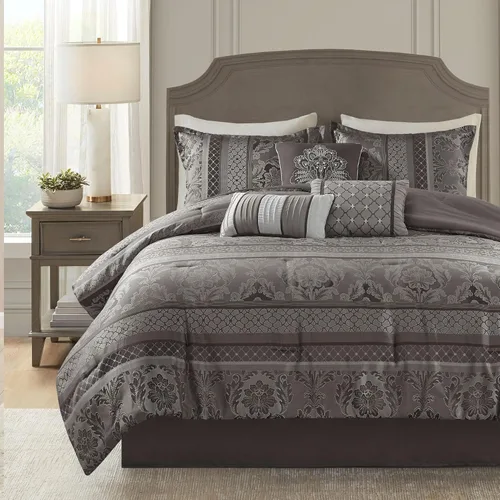 Miniatura 14 de Madison Park Bellagio - Juego de edredón acogedor, lujoso diseño tradicional de damasco jaquard, ropa de cama alternativa para todas las estaciones