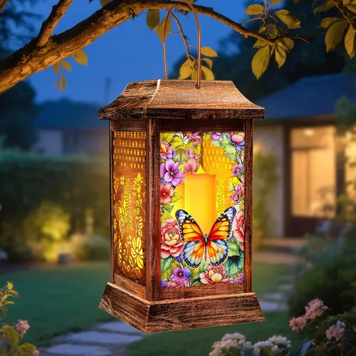 Linternas solares de mariposa al aire libre impermeables, luces colgantes de metal y vidrio para decoración de jardín, regalos de cumpleaños para