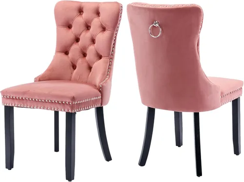 Miniatura 88 de Juego de 2 sillas de comedor de terciopelo, silla de comedor tapizada de alta gama con tirador de anillo en la espalda, adorno de clavos y patas